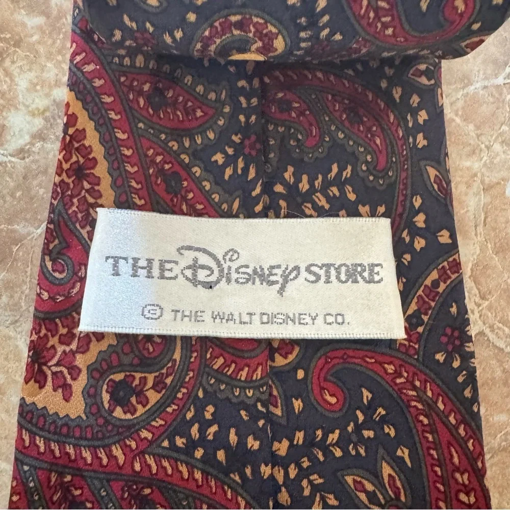 The Disney Store 100% Silk Necktie Designer Navy Burgundy Paisley Mickey Mouse